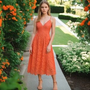 ASTR The Label Coral Lace Midi Dress Spaghetti Straps & Sheer Hemline